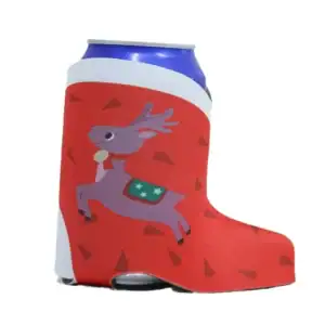 A whimsical can cooler shaped like a high-heeled boot featuring a playful reindeer design.