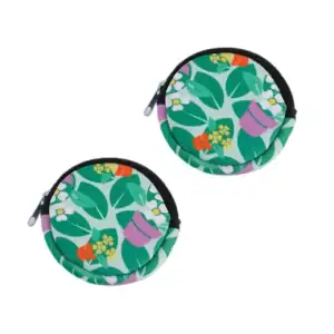 Colorful round coin purse with floral design, ideal for storing coins and small items.