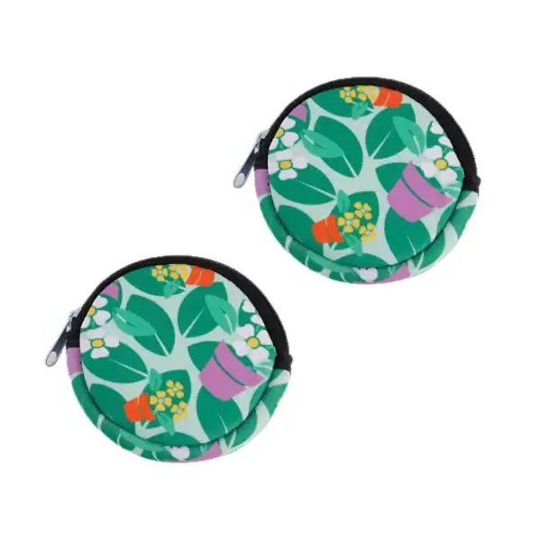 Colorful round coin purse with floral design, ideal for storing coins and small items.
