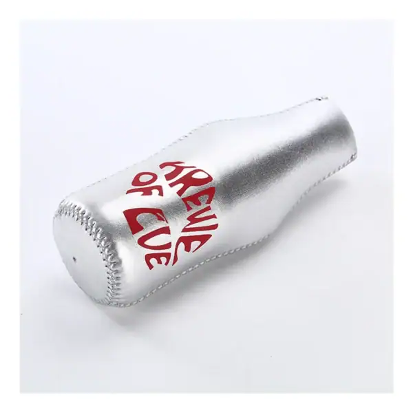 Stylish silver bottle cooler with printed text, perfect for events.