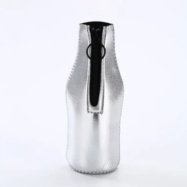 Silver wine bottle bag with zip closure and sleek design.