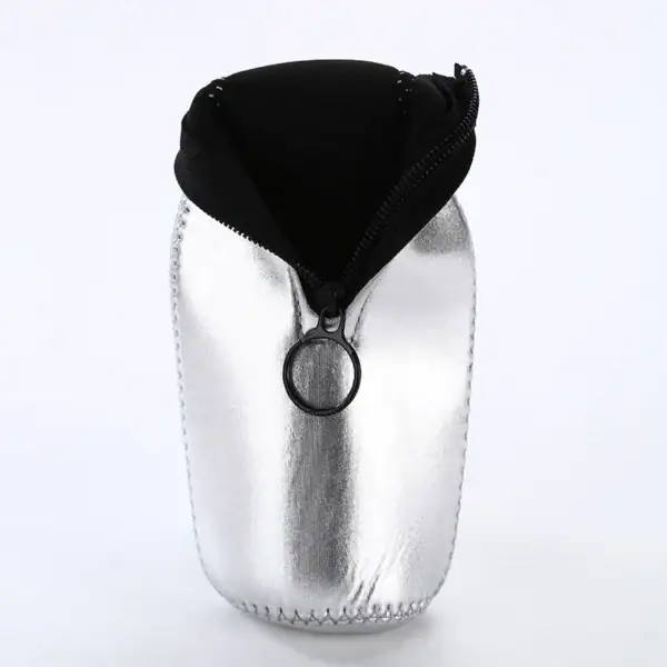 Shiny silver zippered pouch with a black top, designed for carrying small items.