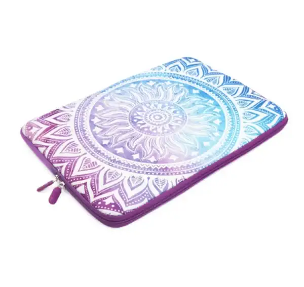 Colorful laptop sleeve with mandala design in purple and blue tones.