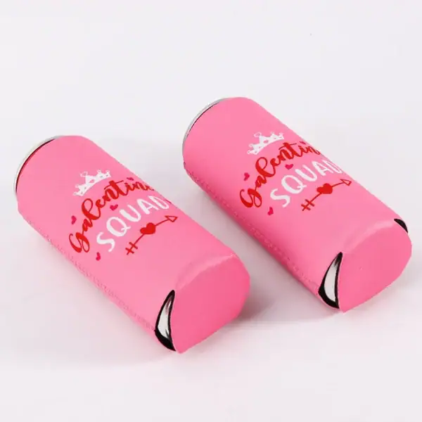 Two pink can sleeves with 'Galentine's SQUAD' print, perfect for parties.