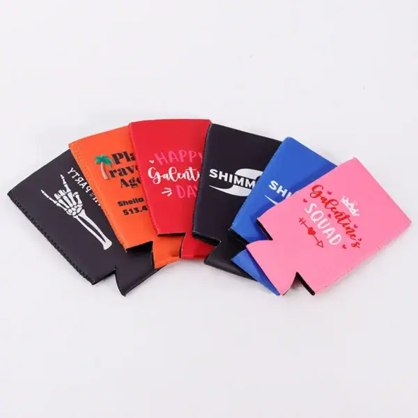 Colorful neoprene beverage coolers with fun designs for Valentine's Day.