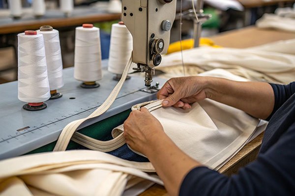 At a sewing station in a factory, a worker operates a sewing machine to stitch beige fabric. Several spools of white sewing thread are placed nearby, showcasing the production process of items like bags.