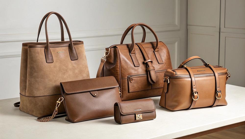 A curated collection of brown leather bags, including totes, a satchel, a crossbody, and small accessories, displayed in a minimalist, elegant setting, highlighting the premium texture and diverse designs of the leather material.