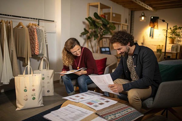 team discussing bag designs