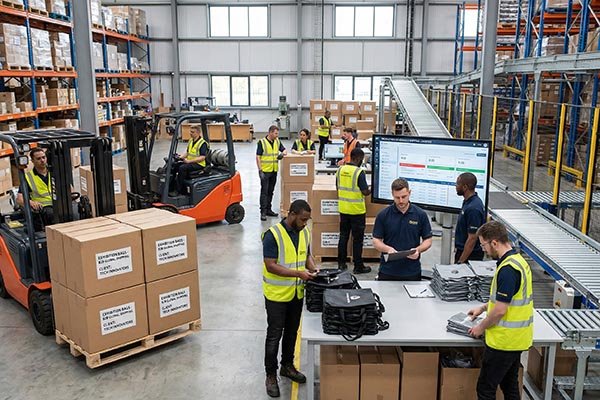 Warehouse with boxes of custom bags ready for shipping