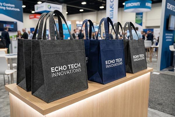 Custom non-woven exhibition bags at a trade show booth
