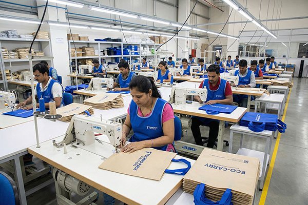 Factory floor with workers sewing bags