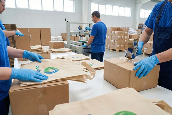 Workers packing custom printed tote bags into cartons for shipment
