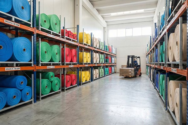 Rolls of colorful non-woven fabric in a factory storage