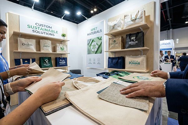 Exhibition booth with reusable bags