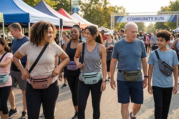diverse group with waist bags