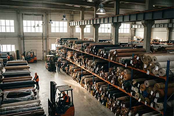 Artificial leather rolls in a factory warehouse