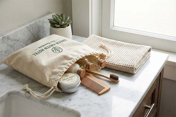 Sustainable hotel amenity kit in canvas bag