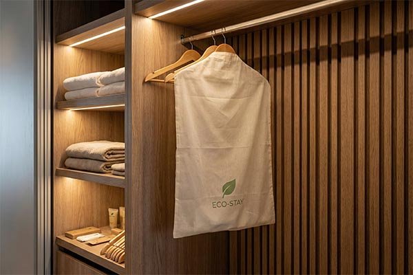 Cotton laundry bag in hotel room