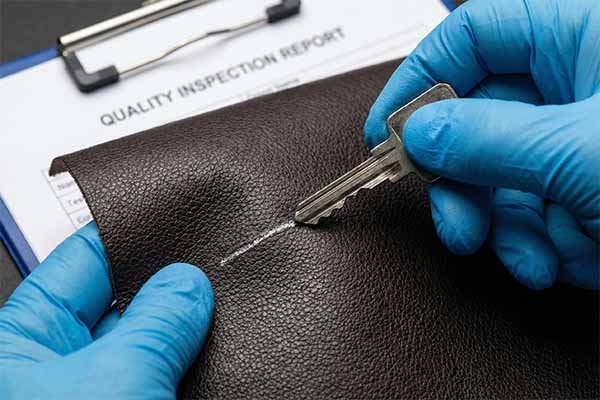 Hands performing a scratch test on leather