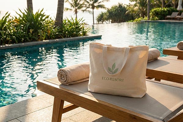 cotton beach bag by the pool