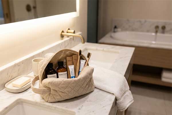 quilted toiletry bag on hotel bathroom vanity