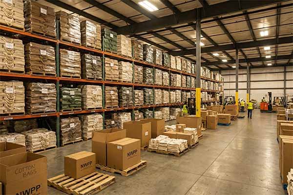 warehouse full of standard reusable bags
