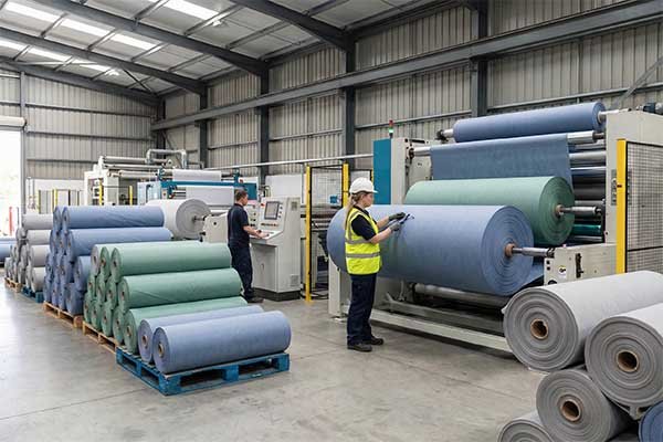 Worker inspecting non-woven fabric rolls