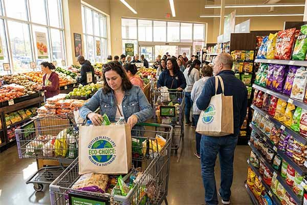 RPET reusable bag usage in supermarket