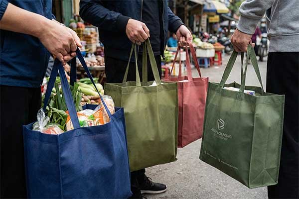 Shoppers using reusable bags in an Asian market