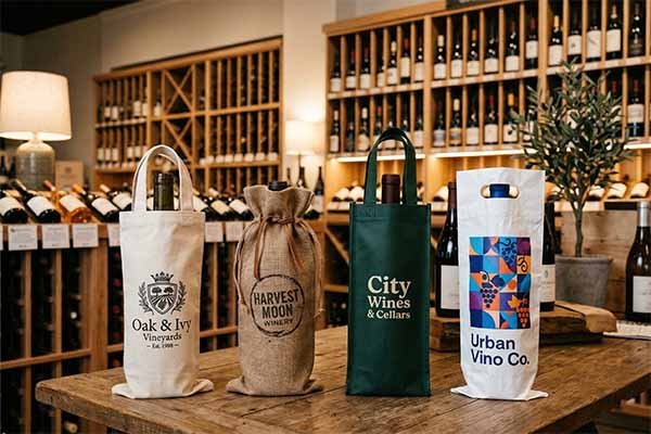 Eco-friendly branded wine bags featuring custom silk screen and heat transfer printed logos.