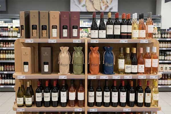 Wholesale custom fabric wine bags displayed on supermarket retail shelves.