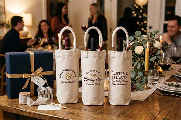 Personalized canvas wine bottle gift bags with strong handles for holiday and corporate gifting.