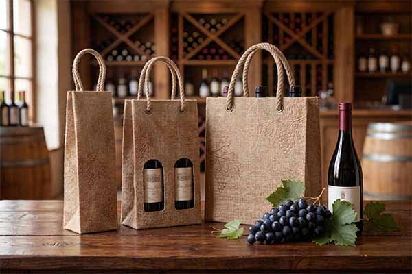 Custom single and double bottle jute wine gift bags for retail shops and wineries.