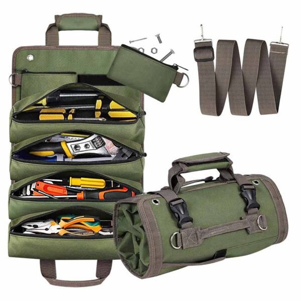 Green Heavy Duty Tool Roll Up Bag with Shoulder Strap