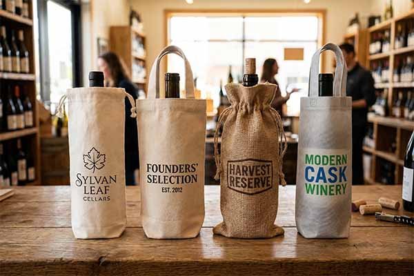 Custom printed single bottle fabric wine bags with winery logos in cotton, canvas, and jute materials.