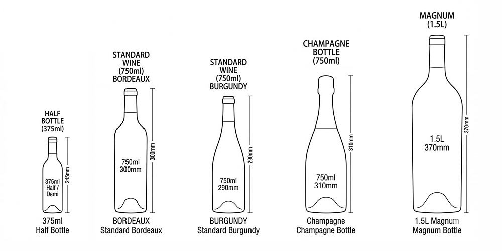 Wine bottle size guide diagram showing dimensions for standard Bordeaux, Burgundy, Champagne, and Magnum bottles.