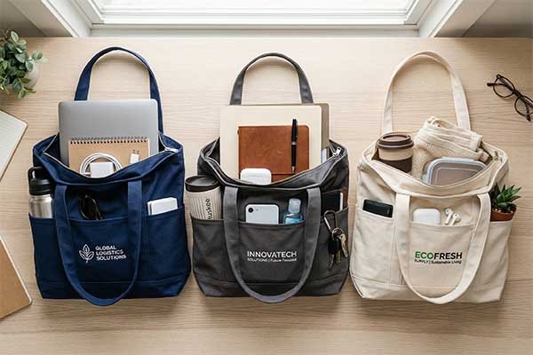 Custom tote bags with zipper and pockets