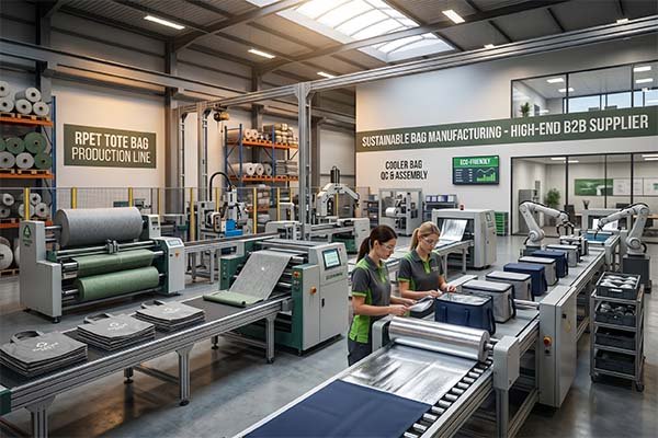 Workers and automated machinery on a modern RPET tote bag production line, illustrating key bag manufacturing factors.