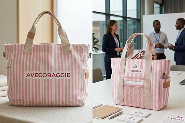 A side-by-side comparison showing a pink and white striped custom tote bag with the Avecobaggie logo on the left, and its practical application in a corporate meeting room setting on the right, highlighting its value in an OEM brand sourcing strategy.