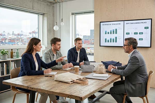 A business team in a meeting discussing cost optimization and supply chain charts on a screen to control packaging costs.