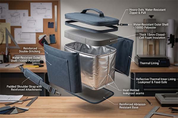 An exploded view diagram detailing the multi-layered insulation and waterproof materials used in cooler bag manufacturing.