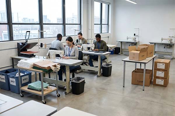 A bright, modern factory floor where workers operate sewing machines and heat press equipment for small-batch custom bag production, with rPET and Tyvek material sorting bins nearby, demonstrating professional OEM and ODM manufacturing capabilities.