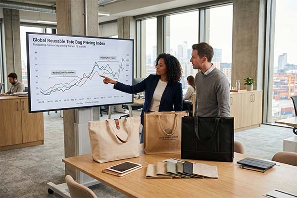 Two colleagues in an office analyzing a custom bag pricing trends line chart on a large screen, with tote bag samples nearby.