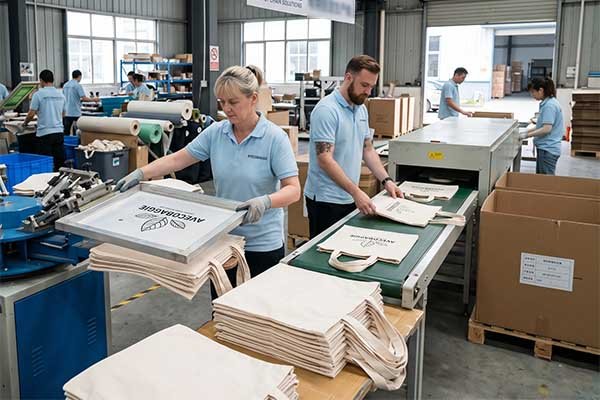 A factory production line where workers use silk screen printing equipment to accurately print brand logos onto blank ODM canvas bags, passing them through a drying conveyor belt, illustrating efficient and cost-effective mass production processes.