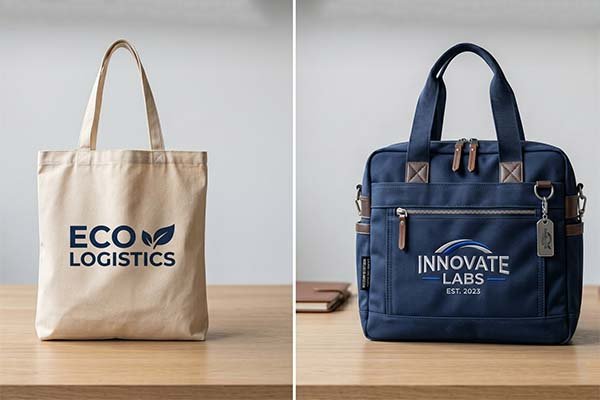 A comparison of two manufacturing models: a basic ODM eco-friendly canvas bag with a simple logo on the left, and a highly customized OEM navy blue utility bag featuring zippers, multiple outer pockets, and complex hardware on the right, illustrating the difference in custom details.