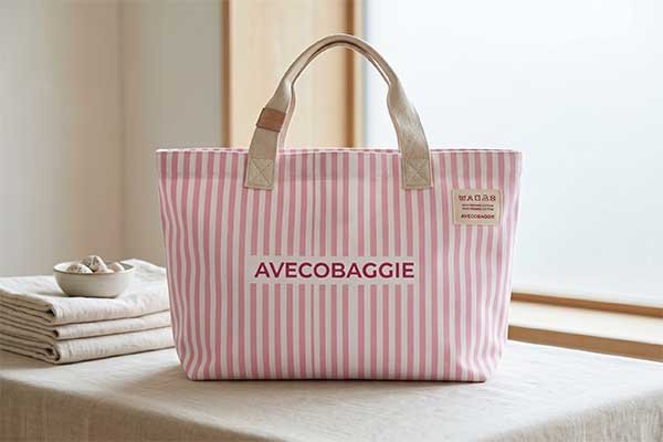 A close-up display of a minimalist, premium pink and white wide-striped canvas bag featuring the Avecobaggie brand name on the front and a prominent custom wash care label stitched on the top right, highlighting the high-quality, detail-oriented results of premium ODM bag customization.