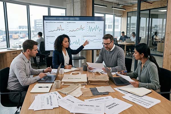 A team in a meeting room discussing RPET material fluctuation charts on a screen, with eco-friendly bag samples on the table.
