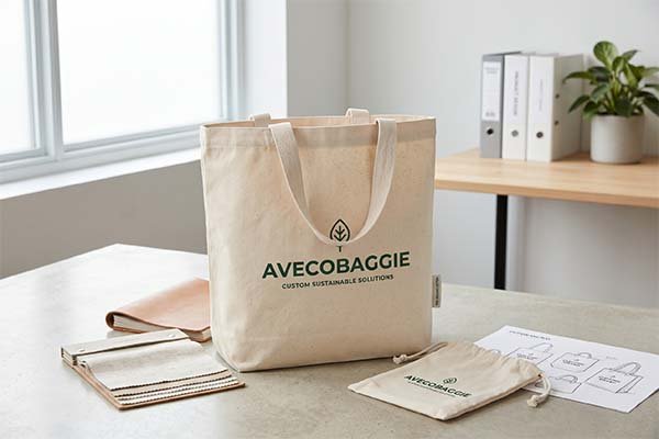 A standard-size natural canvas tote bag featuring the Avecobaggie logo, displayed on an office desk alongside fabric swatches, a drawstring pouch, and design blueprints, showcasing standard ODM eco-friendly bag custom solutions.