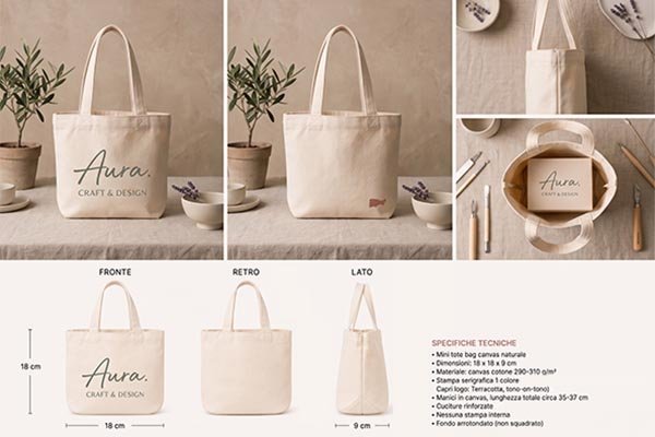 Canvas tote bag design specification sheet featuring multi-angle views and technical production parameters