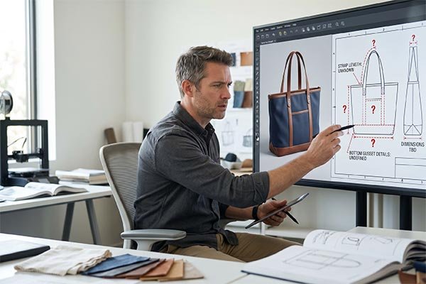A designer looking confused at a digital tote bag sketch on a screen that lacks key manufacturing dimensions